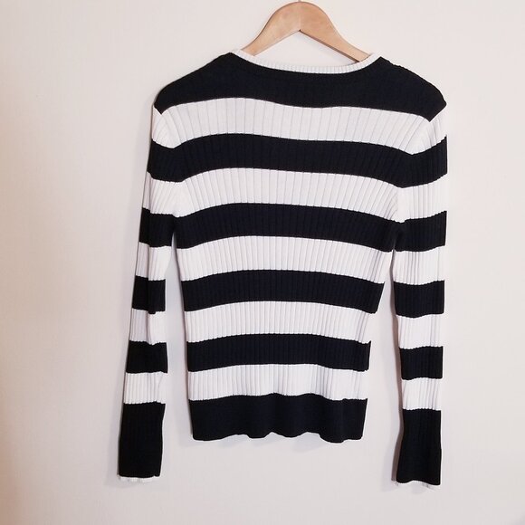 Lauren Jeans Company – Preppy Black and White Stripe Ribbed Sweater – Sz PL - Picture 5 of 7